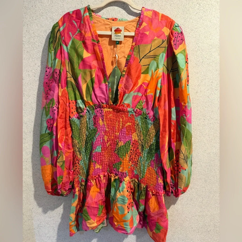 NWT Farm Rio Sweet Forest Smocked Long Sleeve Mini Dress‎ XL
